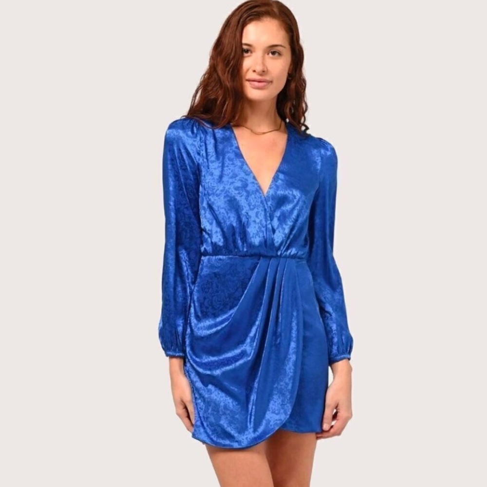Adelyn Rae Size Small Cobalt Blue Floral V Neck Wrap Dress Long Sleeve Brocade